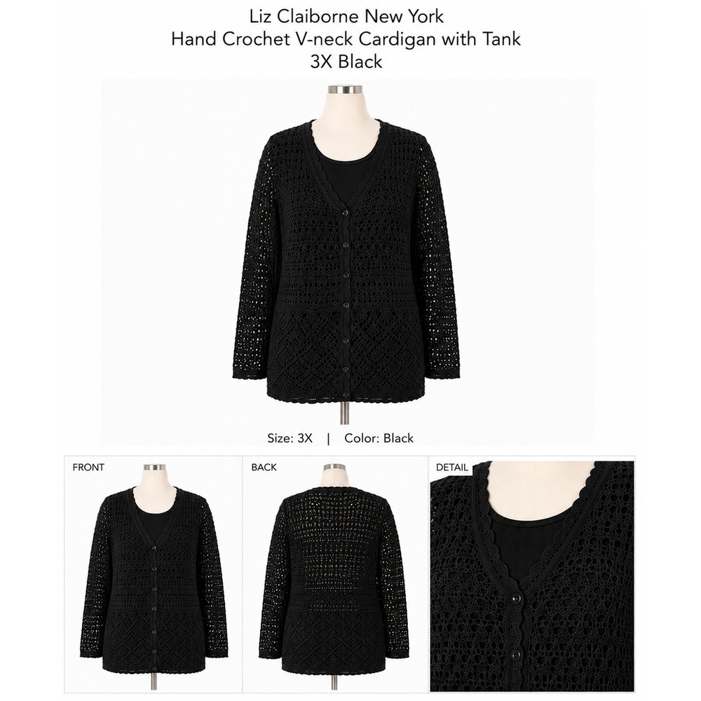 Liz Claiborne New York Black Hand Crochet V-neck Cardigan with Tank Set 3X